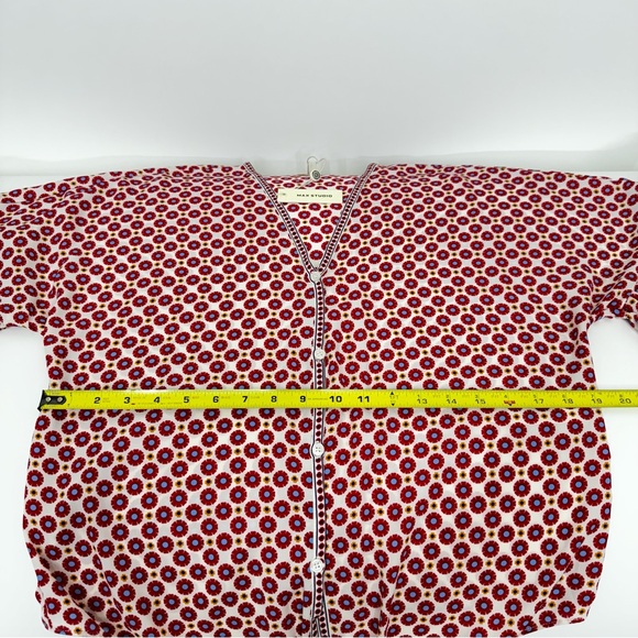 Max Studio Ivory Red Blue Geometric Print V-Neck Button Front Half Sleeve Blouse - Picture 10 of 13